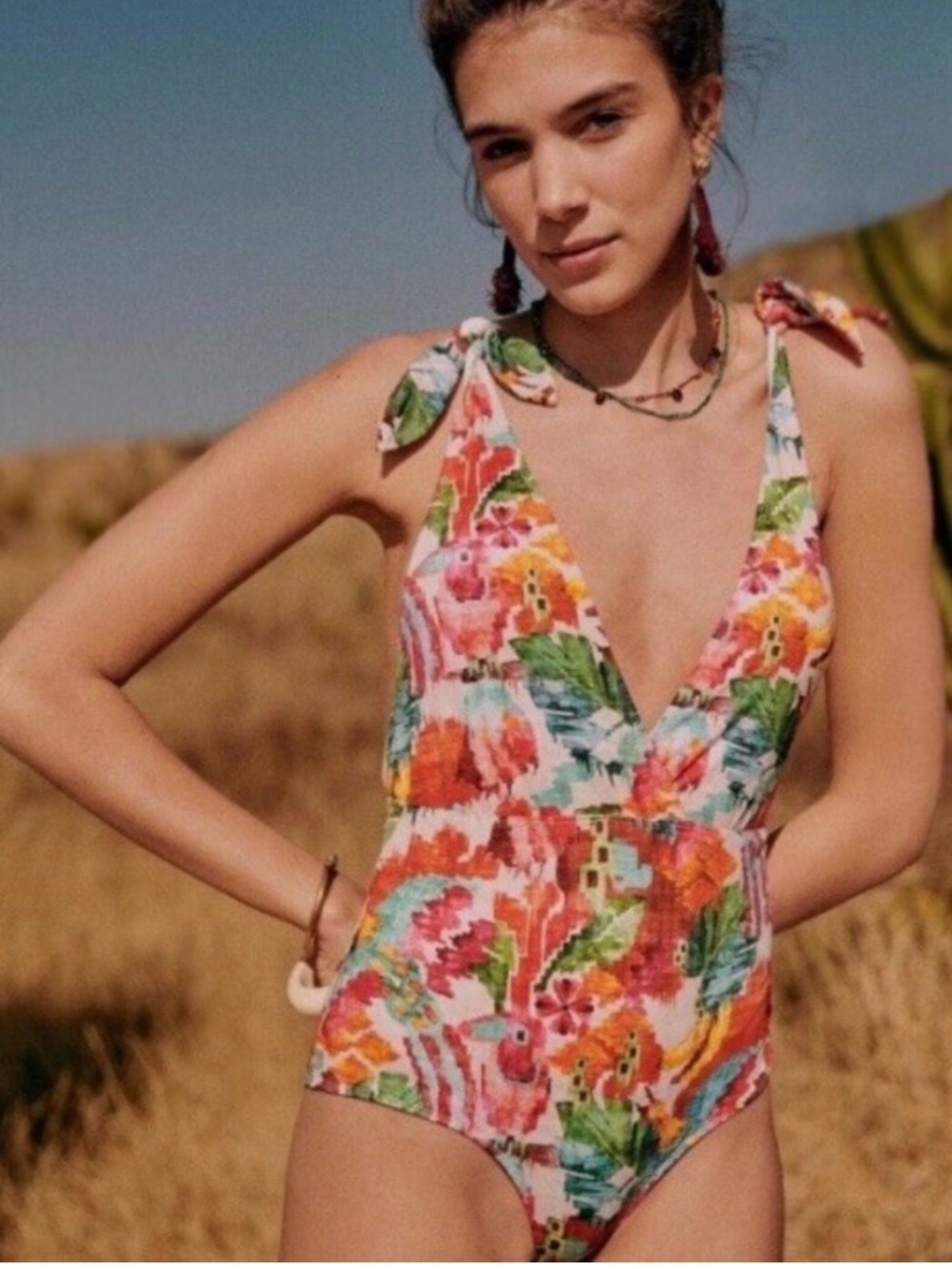 Sezane x Yse Paraiso Floral Tie-Shoulder One-Piece Swimsuit